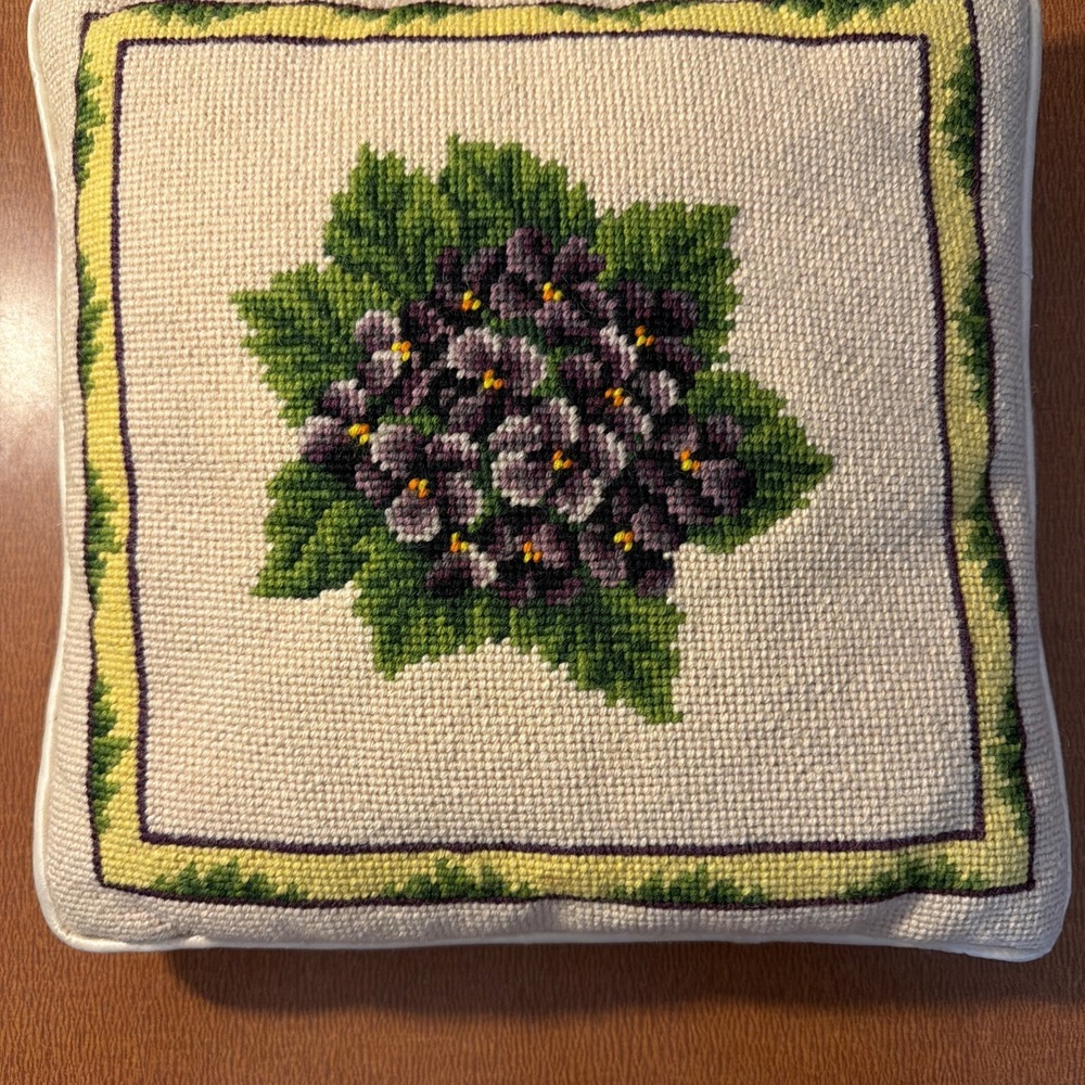 Vtg Needlepoint Pillow Purple Violets Zippered Cover Satin Backing 12x12"